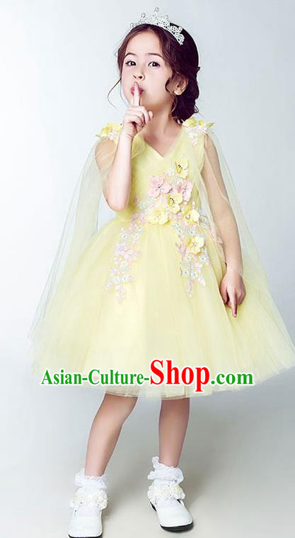 Children Model Show Dance Costume Yellow Short Full Dress, Ceremonial Occasions Catwalks Princess Embroidery Dress for Girls