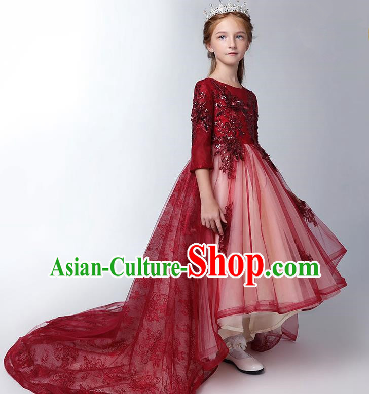 Children Model Show Dance Costume Red Lace Trailing Full Dress, Ceremonial Occasions Catwalks Princess Embroidery Dress for Girls