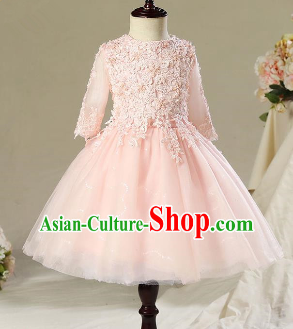 Children Model Dance Costume Compere Pink Lace Short Full Dress, Ceremonial Occasions Catwalks Princess Embroidery Dress for Girls