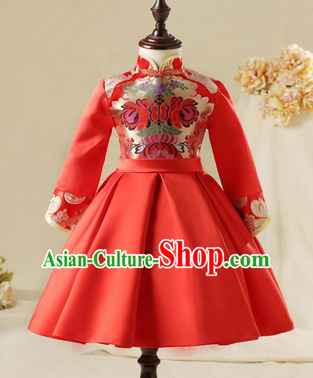 Children Model Dance Costume Compere China Red Cheongsam, Ceremonial Occasions Catwalks Princess Embroidery Dress for Girls