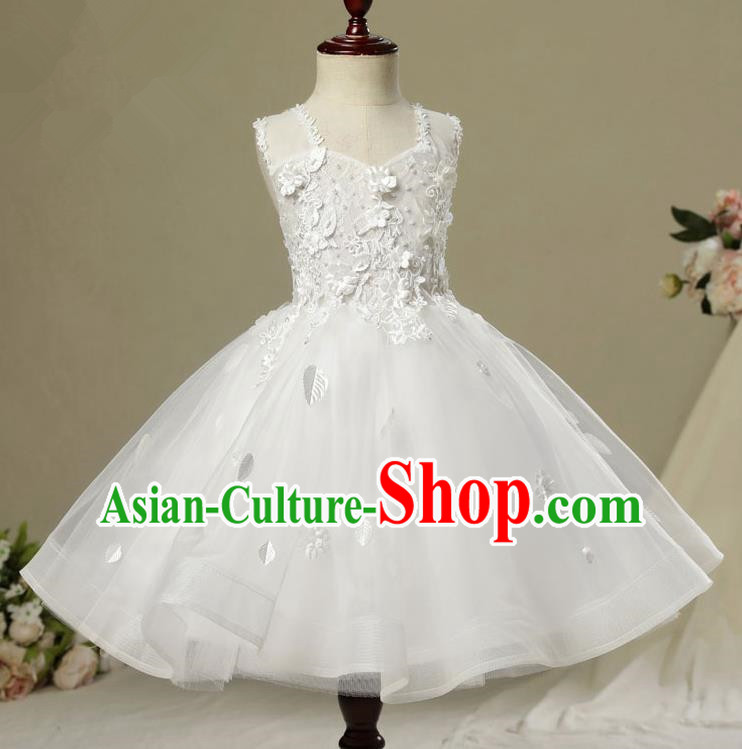 Children Model Dance Costume Compere White Veil Full Dress, Ceremonial Occasions Catwalks Princess Embroidery Dress for Girls