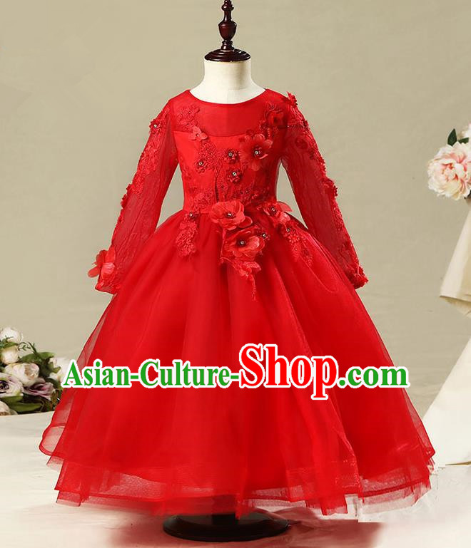Children Model Dance Costume Compere Red Long Sleeve Full Dress, Ceremonial Occasions Catwalks Princess Embroidery Dress for Girls