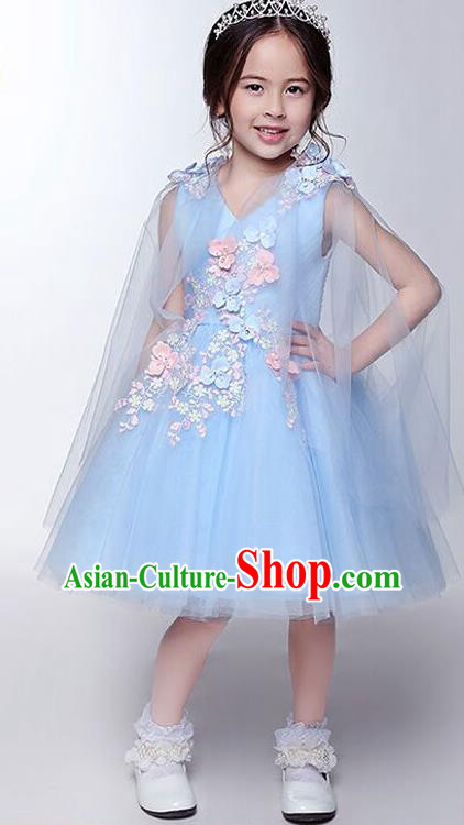 Children Model Show Dance Costume Blue Compere Full Dress, Ceremonial Occasions Catwalks Princess Embroidery Dress for Girls