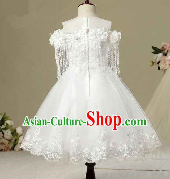Children Model Dance Costume Compere White Tassel Full Dress, Ceremonial Occasions Catwalks Princess Embroidery Dress for Girls