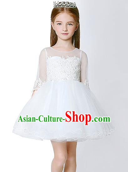 Children Model Dance Costume Compere White Veil Bubble Evening Dress, Ceremonial Occasions Catwalks Princess Embroidery Dress for Girls