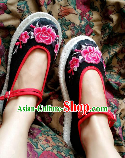 Asian Chinese National Embroidery Peony Black Cloth Shoes, Traditional China Princess Handmade Embroidered Shoes Hanfu Shoe for Women