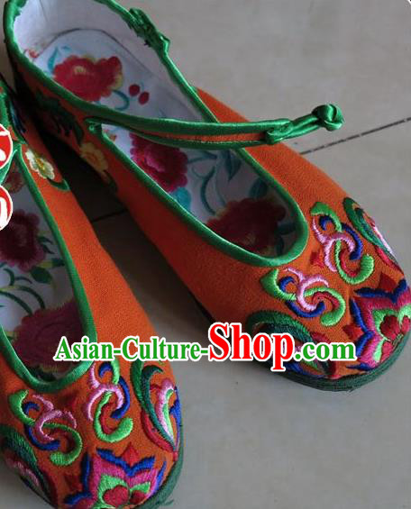Asian Chinese Martial Arts Shoes Wedding Shoes Handmade Orange Embroidered Shoes, Traditional China Princess Shoes Hanfu Shoe for Women