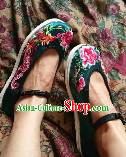 Asian Chinese National Embroidered Shoes, Traditional China Handmade Shoes Hanfu Embroidery Phoenix Peony Green Shoe for Women