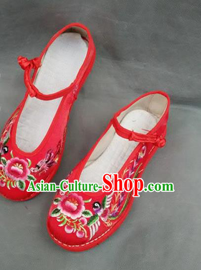 Asian Chinese National Wedding Red Embroidered Shoes, Traditional China Handmade Shoes Hanfu Embroidery Peony Shoes for Women