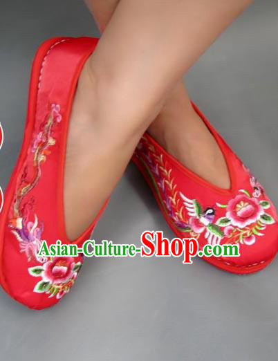 Traditional Chinese National Red Shoes Embroidered Shoes, China Handmade Shoes Hanfu Embroidery Dragon and Phoenix Shoes for Women