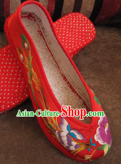 Traditional Chinese National Red Wedding Shoes Embroidered Shoes, China Handmade Shoes Hanfu Embroidery Dragon and Phoenix Shoes for Women