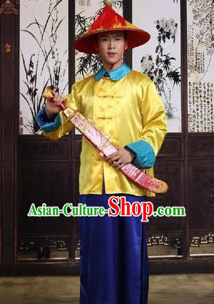 Traditional Ancient Chinese Manchu Soldier Costume, Asian Chinese Qing Dynasty Imperial Bodyguard Clothing for Men