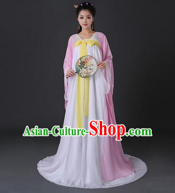 Asian China Ancient Tang Dynasty Palace Lady Costume, Traditional Chinese Princess Hanfu Embroidered Pink Dress Clothing for Women