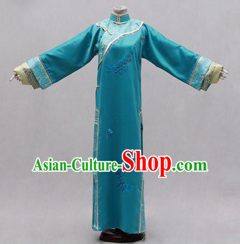 Traditional Ancient Chinese Manchu Palace Lady Costume, Asian Chinese Qing Dynasty Princess Embroidered Blue Dress Clothing for Women
