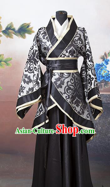 Asian China Ancient Han Dynasty Palace Lady Costume, Traditional Chinese Hanfu Embroidered Black Curve Bottom Clothing for Women