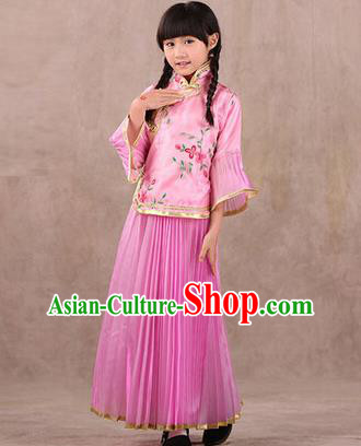 Traditional Ancient Chinese Republic of China Children Embroidered Costume, Asian Chinese Embroidered Pink Xiuhe Suit Clothing for Kids