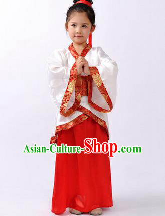 Asian China Ancient Han Dynasty Palace Lady Costume, Traditional Chinese Hanfu Embroidered Red Curve Bottom Clothing for Kids