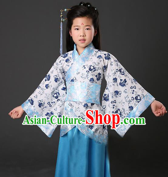 Asian China Ancient Han Dynasty Palace Lady Costume, Traditional Chinese Hanfu Embroidered Blue Curve Bottom Clothing for Kids