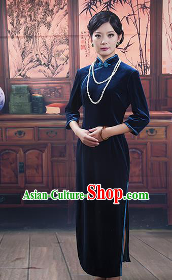 Traditional Ancient Chinese Republic of China Gentlewoman Cheongsam, Asian Chinese Chirpaur Blue Velvet Qipao Dress Clothing for Women