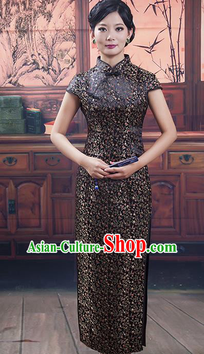 Traditional Ancient Chinese Republic of China Gentlewoman Cheongsam, Asian Chinese Chirpaur Black Silk Qipao Dress Clothing for Women