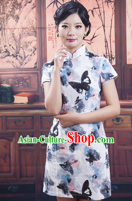 Traditional Ancient Chinese Republic of China Cheongsam, Asian Chinese Chirpaur Printing Butterfly Silk Qipao Dress Clothing for Women
