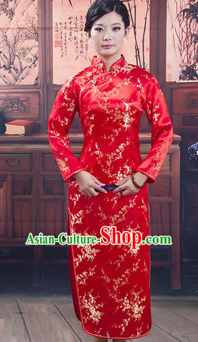 Traditional Ancient Chinese Republic of China Cheongsam, Asian Chinese Chirpaur Red Silk Qipao Dress Clothing for Women