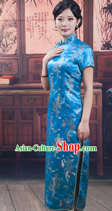 Traditional Ancient Chinese Republic of China Cheongsam, Asian Chinese Chirpaur Peacock Blue Silk Embroidered Qipao Dress Clothing for Women