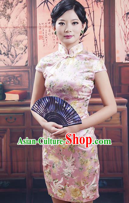 Traditional Ancient Chinese Republic of China Cheongsam, Asian Chinese Chirpaur Pink Silk Embroidered Qipao Dress Clothing for Women
