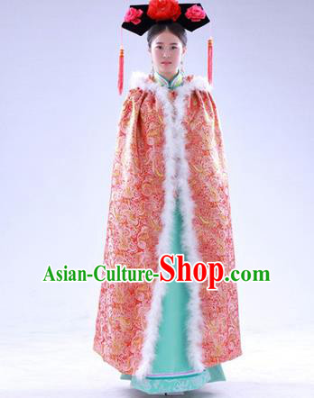 Traditional Ancient Chinese Manchu Palace Lady Costume Long Cloak, Asian Chinese Qing Dynasty Princess Embroidered Pink Mantle Clothing for Women