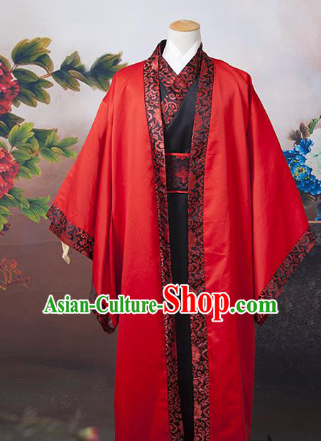 Asian China Ancient Tang Dynasty Wedding Costume, Traditional Chinese Bridegroom Hanfu Embroidered Red Clothing for Men