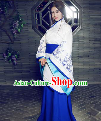 Traditional Ancient Chinese Imperial Consort Costume, Elegant Hanfu Chinese Han Dynasty Imperial Empress Blue Embroidered Clothing for Women
