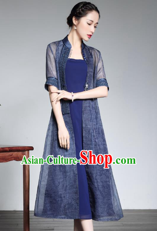 Traditional Chinese National Costume Elegant Hanfu Blue Cheongsam and Coat, China Tang Suit Chirpaur Dust Coat for Women