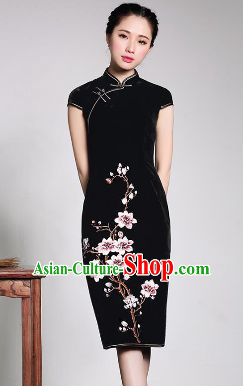 Traditional Chinese National Costume Elegant Hanfu Black Velvet Embroidered Cheongsam, China Tang Suit Plated Buttons Chirpaur Dress for Women