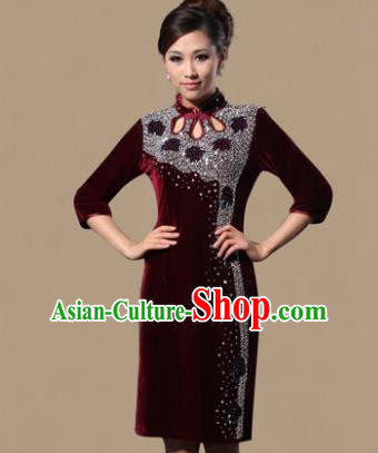 Traditional Chinese National Costume Elegant Hanfu Red Velvet Crystal Cheongsam, China Tang Suit Plated Buttons Chirpaur Dress for Women