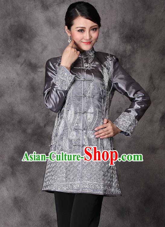 Traditional Chinese National Costume Elegant Hanfu Embroidered Grey Coat, China Tang Suit Plated Buttons Upper Outer Garment for Women