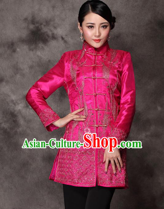 Traditional Chinese National Costume Elegant Hanfu Embroidered Rosy Coat, China Tang Suit Plated Buttons Upper Outer Garment for Women
