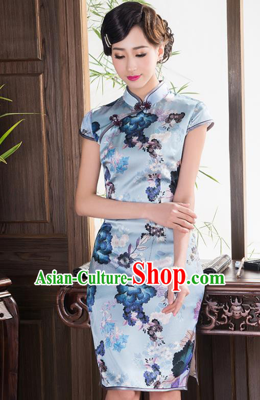 Traditional Chinese National Costume Elegant Hanfu Printing Blue Silk Cheongsam, China Tang Suit Plated Buttons Chirpaur Dress for Women