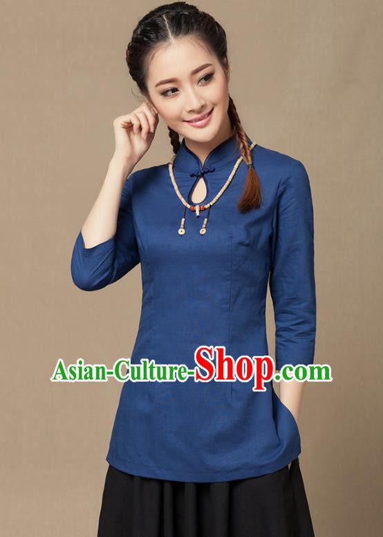Traditional Chinese National Costume Elegant Hanfu Plated Button Navy Linen Shirt, China Tang Suit Slant Opening Upper Outer Garment Cheongsam Blouse for Women