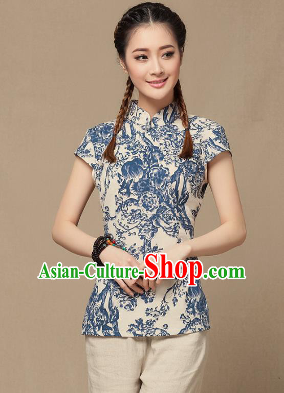 Traditional Chinese National Costume Elegant Hanfu Plated Button Printing Shirt, China Tang Suit Upper Outer Garment Cheongsam Blouse for Women
