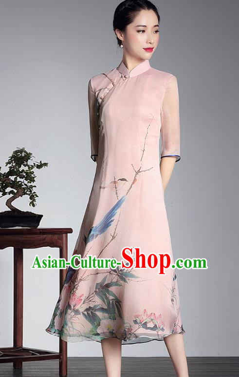 Traditional Chinese National Costume Elegant Hanfu Pink Silk Cheongsam Printing Dress, China Tang Suit Plated Buttons Chirpaur Dress for Women