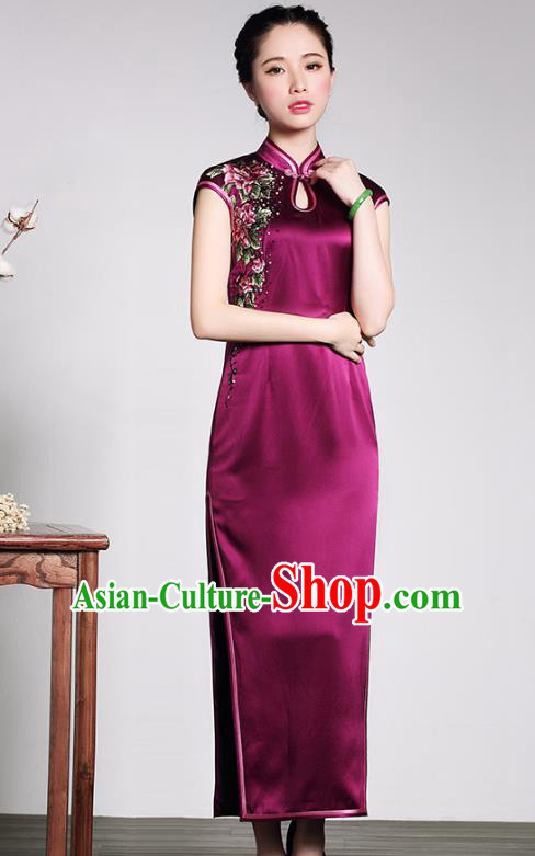 Traditional Chinese National Costume Elegant Hanfu Purple Silk Cheongsam, China Tang Suit Plated Buttons Chirpaur Dress for Women