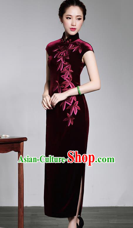 Traditional Chinese National Costume Elegant Hanfu Purple Velvet Embroidered Cheongsam, China Tang Suit Plated Buttons Chirpaur Dress for Women