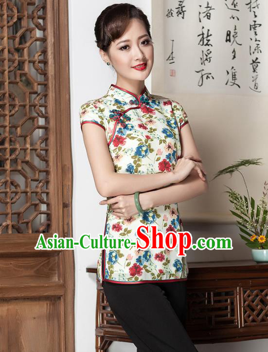 Traditional Chinese National Costume Elegant Hanfu Plated Button Printing White Shirt, China Tang Suit Upper Outer Garment Cheongsam Blouse for Women
