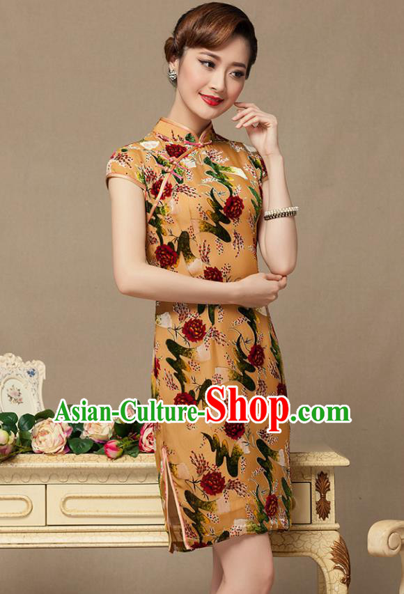 Traditional Chinese National Costume Elegant Hanfu Khaki Printing Cheongsam, China Tang Suit Plated Buttons Chirpaur Dress for Women