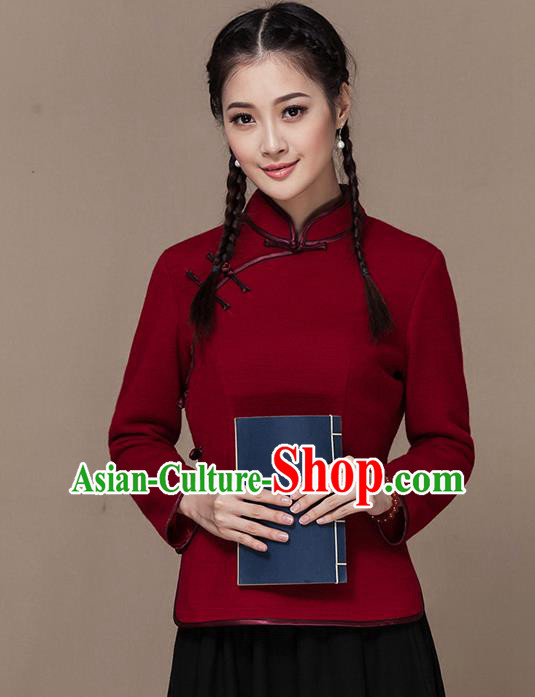 Traditional Chinese National Costume Elegant Hanfu Plated Button Red Wool Shirt, China Tang Suit Slant Opening Blouse Cheongsam Upper Outer Garment for Women