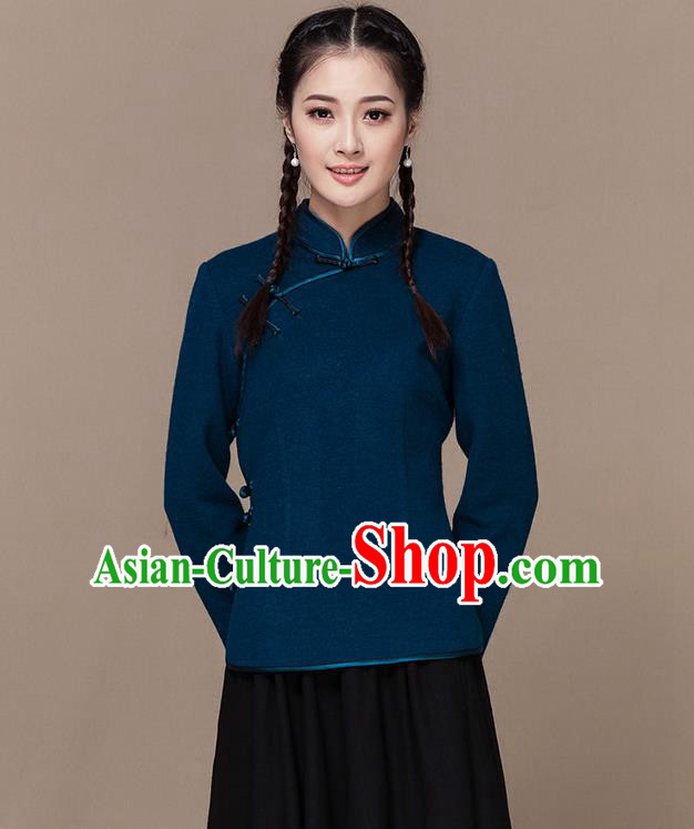 Traditional Chinese National Costume Elegant Hanfu Plated Button Blue Wool Shirt, China Tang Suit Slant Opening Blouse Cheongsam Upper Outer Garment for Women