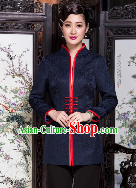 Traditional Chinese National Costume Elegant Hanfu Navy Brocade Coat, China Tang Suit Plated Buttons Jacket for Women