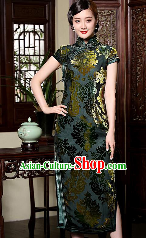 Traditional Chinese National Costume Elegant Hanfu Green Velour Cheongsam, China Tang Suit Plated Buttons Chirpaur Dress for Women