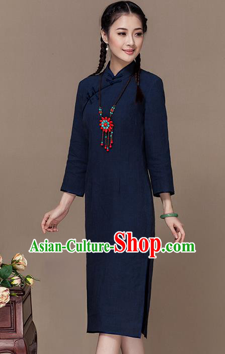 Traditional Chinese National Costume Elegant Hanfu Navy Linen Cheongsam, China Tang Suit Plated Buttons Chirpaur Dress for Women