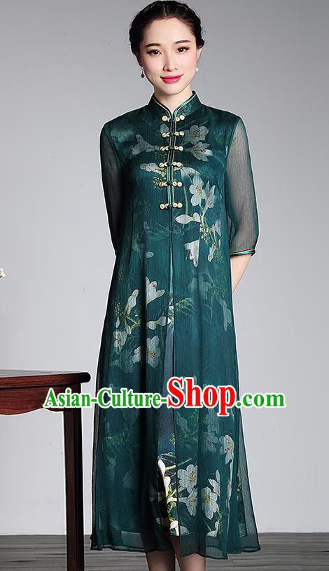 Traditional Chinese National Costume Elegant Hanfu Green Silk Long Cheongsam, China Tang Suit Plated Buttons Chirpaur Dress for Women